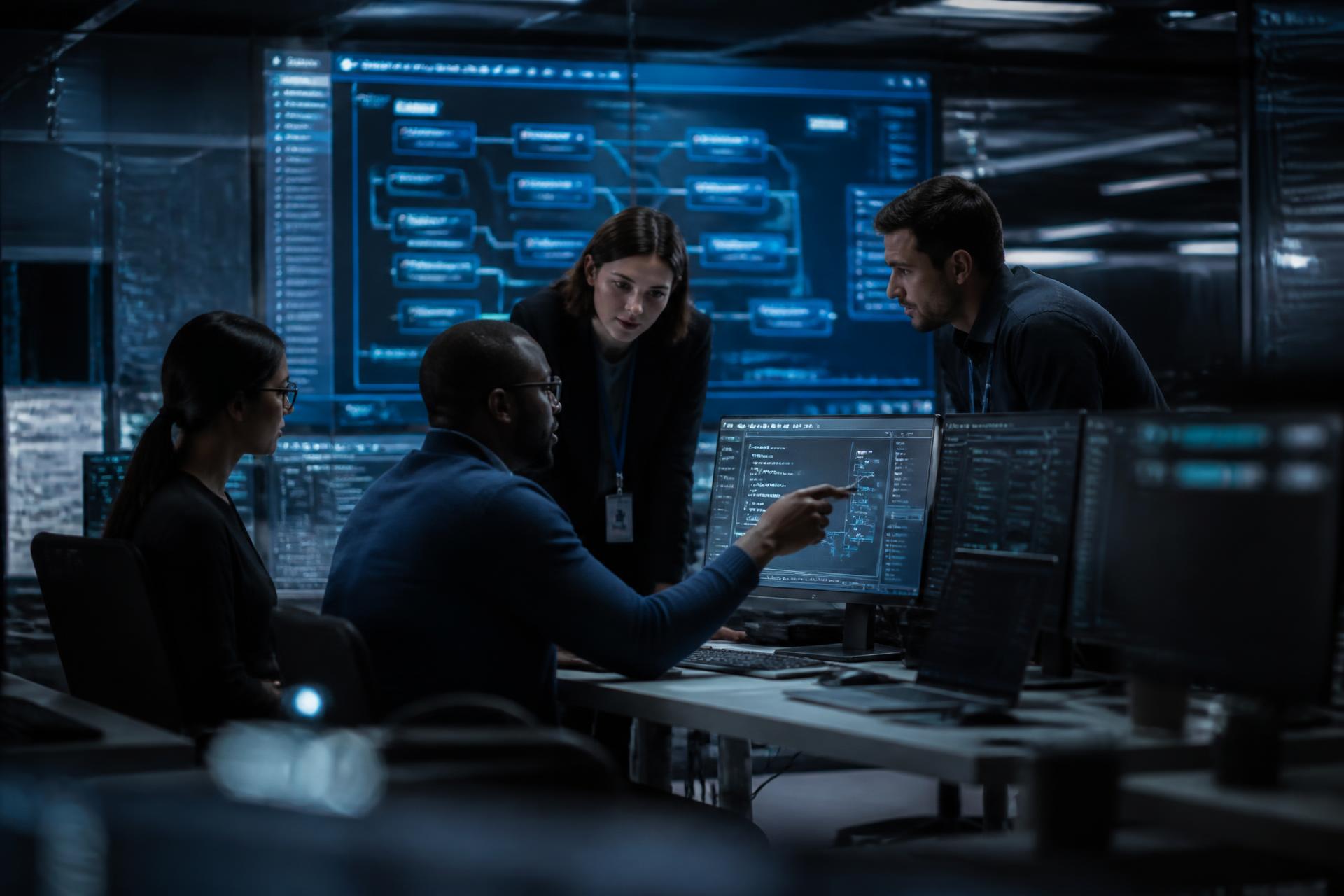 A diverse team of technology professionals collaborating around glowing displays in a modern office